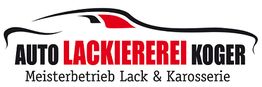 Logo von Auto Lackiererei Koger mit stilisiertem Auto, rot-schwarzer Schriftzug und Text darunter.