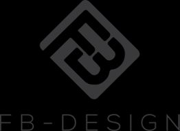 Schwarzes Logo mit den Buchstaben "FB" in einem Rautenmuster, darunter der Schriftzug "FB-DESIGN".
