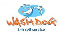 Logo Wash Dog con cane e phon, testo "24h self service".