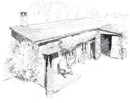 Cabane en bois entourée de neige, avec sapins autour et toit plat enneigé.