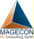 Ein Logo mit einem dreidimensionalen, blauen und orangefarbenen Pyramidenmotiv, Text: MAGECON.