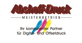 Logo von Abshoff-Druck mit bunten Pinselstrichen und Text: „Ihr kompetenter Partner im Druck“.