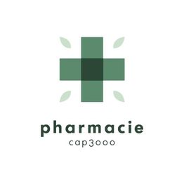 Logo de pharmacie vert avec croix et feuilles, texte "pharmacie cap3000".