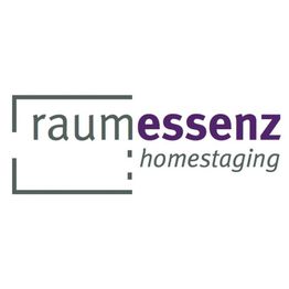 Logo mit Text "raumessenz homestaging" und stilisierten Rahmen in Grau und Violett.