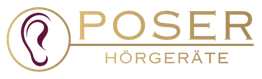 Logo von Poser Hörgeräte mit Ohrenabbildung und goldener Schrift.