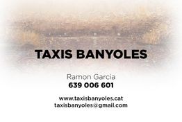 Tarjeta de Taxis Banyoles con contacto: 639 006 601, email y web. Fondo abstracto.