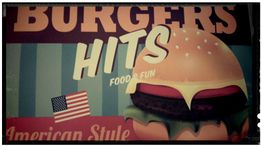 Cartel de hamburguesas estilo americano con bandera de EE. UU. y texto "Food & Fun".