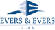 Logo van Evers & Evers Glas, met abstract gebouw ontwerp in blauw en witte letters.