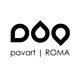 Logo con scritta "pavart | ROMA" e tre simboli stilizzati simili a gocce in bianco e nero.