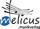 Logo von Melicus Musikverlag mit Notenlinien und stilisiertem Notenschlüssel in Schwarz und Blau.