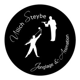 Schwarze Scheibe mit Figuren und dem Text: Ullich Steybe, Jonglage & Animation.