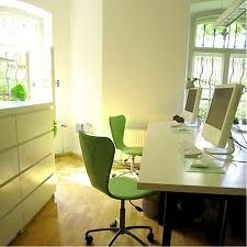 Helles Büro mit Holzboden, grünen Stühlen und zwei Computern auf dem Schreibtisch vor Fenstern.