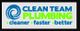 "Clean Team Plumbing logo with tagline: cleaner, faster, better, in blue and green text."