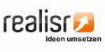 Logo mit Text "realisr, ideen umsetzen" und einem orangefarbenen Pfeilsymbol.