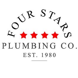 "Four Stars Plumbing Co. logo with red stars and text 'Est. 1980' on white background."