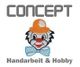 Clown mit Fliege und Hut unter "CONCEPT" Schriftzug; Text: "Handarbeit & Hobby".