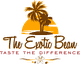 Logo with palm trees, sunset, and text: "The Exotic Bean - Taste the Difference."
