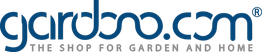Logo von gardboo.com in blau mit Text "The Shop for Garden and Home" darunter.