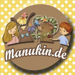 Kinder mit Tierfiguren und Blumen, mittig Schriftzug "Manukin.de" auf gepunktetem Hintergrund.