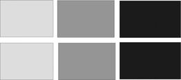 Sechs Rechtecke in Grautönen, von hell bis dunkel, auf weißem Hintergrund.