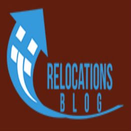 Blue house arrow logo with "Relocations Blog" on a dark brown background.
