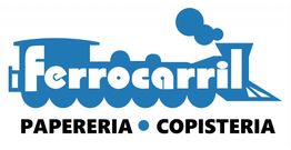 Logotipo azul de tren con texto "ferrocarril", "PAPELERÍA", "COPISTERÍA".
