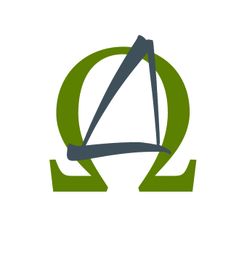 Grünes Omega-Zeichen mit blauer abstrakter Form darüber auf weißem Hintergrund.