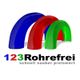 Logo mit bunten Bögen, "123 Rohrefrei" und Slogan: "schnell sauber preiswert".