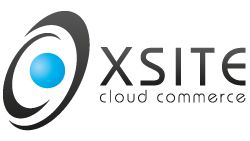 Logo mit blauem Kreis, Text: XSITE cloud commerce.