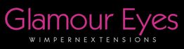 Logo mit dem Text "Glamour Eyes Wimpernextensions" in Rosa auf schwarzem Hintergrund.