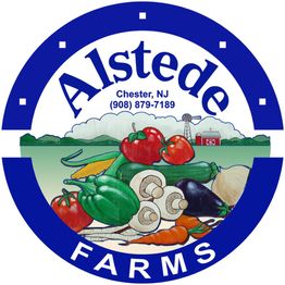 Alstede Farms logo with vegetables and farm scene, Chester, NJ contact info included.