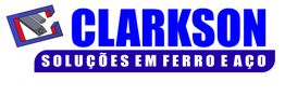 Logotipo da Clarkson com texto "Soluções em Ferro e Aço" em azul e ilustração de ferramentas.