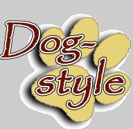 Text "Dog-style" auf gelber Pfote, grauer Hintergrund.