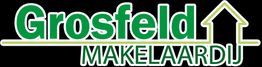 Logo van Grosfeld Makelaardij met groene tekst en een daklijn als huis op een zwarte achtergrond.