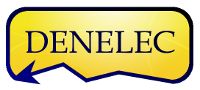 Logo jaune avec le texte "DENELEC" en bleu et une flèche bleue pointant vers la gauche.
