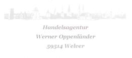 Visitenkarte mit Text: "Handelsagentur Werner Oppenländer 59514 Welver", graue Skyline im Hintergrund.