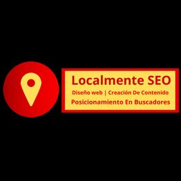 Ícono de marcador rojo y texto: "Localmente SEO, diseño web, contenido y posicionamiento".