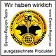 Goldenes Emblem mit kyrillischem Text, Rattenmotiv und der Aufschrift "Wir haben wirklich ausgezeichnete Produkte".