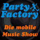 Text: "Party Factory: Die mobile Music Show" vor einem Lautsprecher.