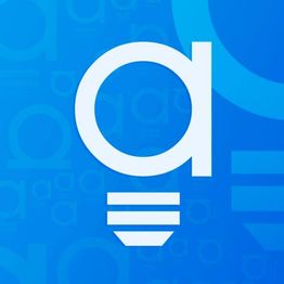 Logo blanco de una bombilla sobre fondo azul con letras "a" en varios tamaños.