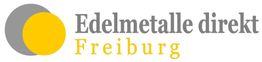 Logo mit zwei Kreisen und dem Schriftzug "Edelmetalle direkt Freiburg" in Grau und Gelb.