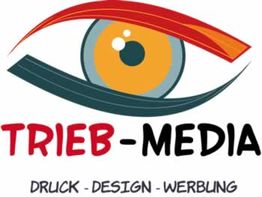 Logo mit stilisiertem Auge, Text: "TRIEB-MEDIA", darunter "DRUCK - DESIGN - WERBUNG".