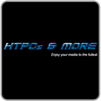 Schwarzer Hintergrund mit blauem Text "HTPCs & MORE" und Slogan "Enjoy your media to the fullest."