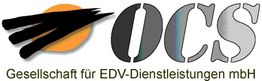 Logo von OCS, Gesellschaft für EDV-Dienstleistungen mbH, mit stilisiertem Pfeil und Sonnelement.