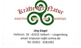 Visitenkarte mit dem Logo "Kräfte der Natur", Kontaktdaten von Jörg Siegel und Spiralmuster.