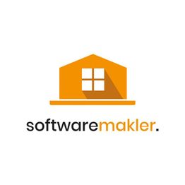 Logo: Orange Haus mit Fenster, darunter der Text "softwaremakler" in Schwarz und Orange.
