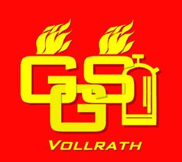 Logo mit roten Hintergrund: "Vollrath" in Gelb, Flammen und Feuerlöscher-Symbol stilisiert integriert.