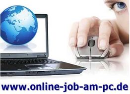 Laptop, Hand mit Maus, Weltkugel und URL "www.online-job-am-pc.de".