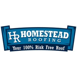 Logo for Homestead Roofing with the slogan "Your 100% Risk Free Roof" in blue and white text.