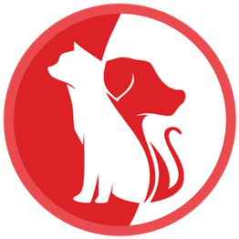 Red and white logo with a silhouette of a cat and dog in a circular design.